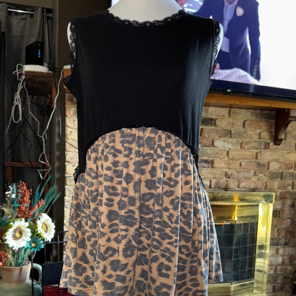 Crazy Train Black and Leopard Pattern Tank Top